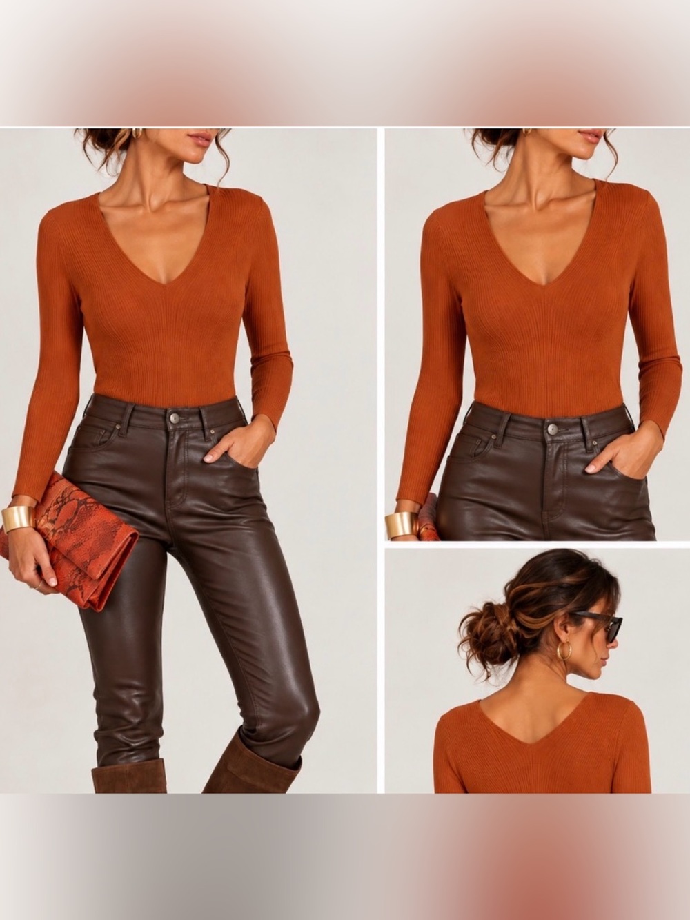Lafayette 148 New York Rust 100% Viscose Ribbed V-Neck Knit Top Size L